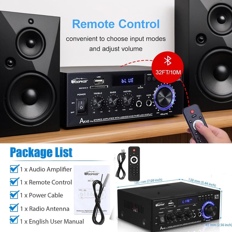 WOOPKER AK45 Pro Stereo Amplifier Home Audio, Stereo Receivers with Bluetooth 5.0,Max 400W, 2.0 Channel Audio Receiver for Home Theater Speakers w/USB/SD/RCA/2 MIC in for Karaok - Image 5